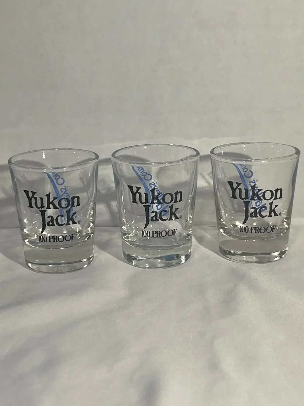 Yukon Jack 100 Proof Shot Glasses That's Cool Clear Barware Set of 3 Vintage